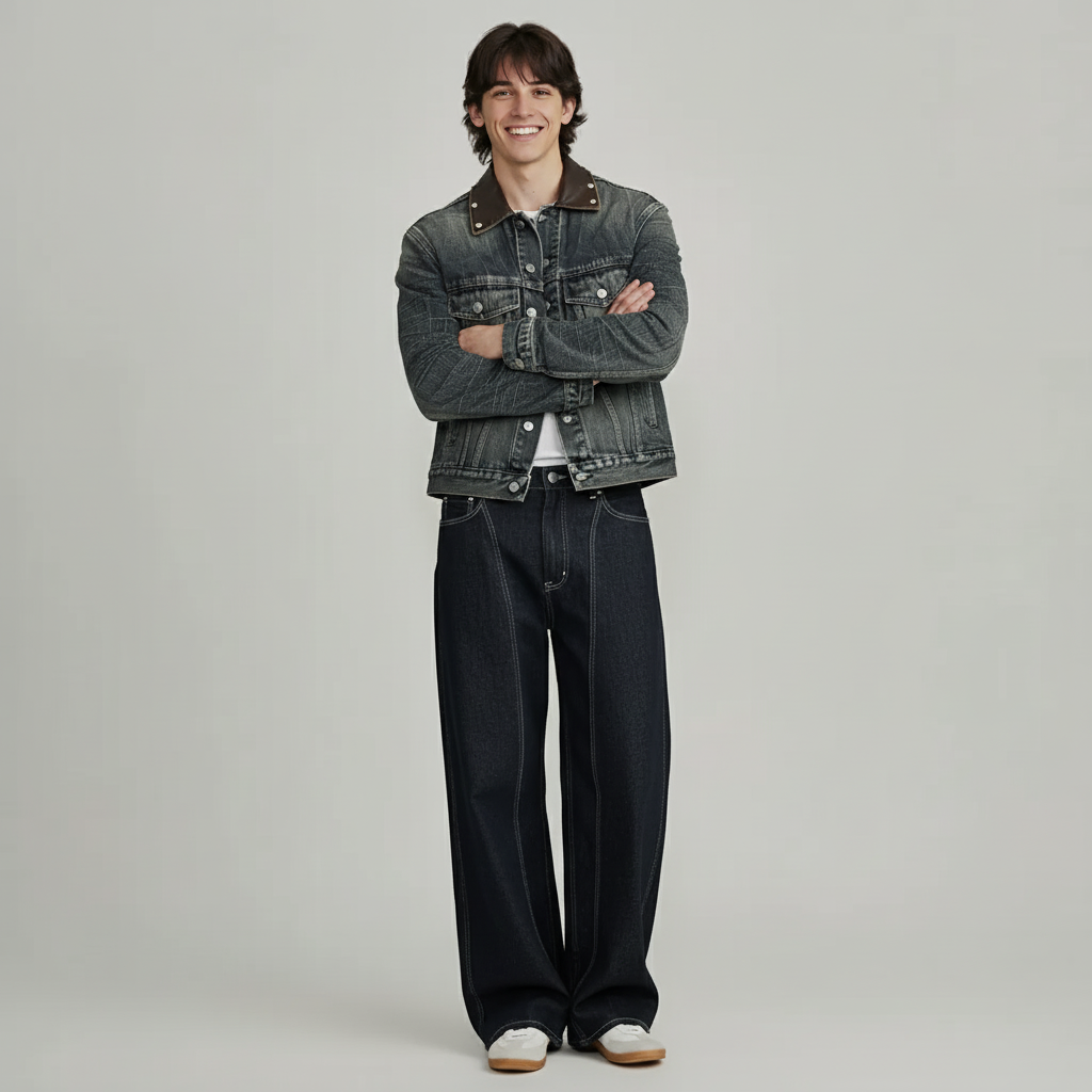 LEATHER COLLAR DENIM JACKET