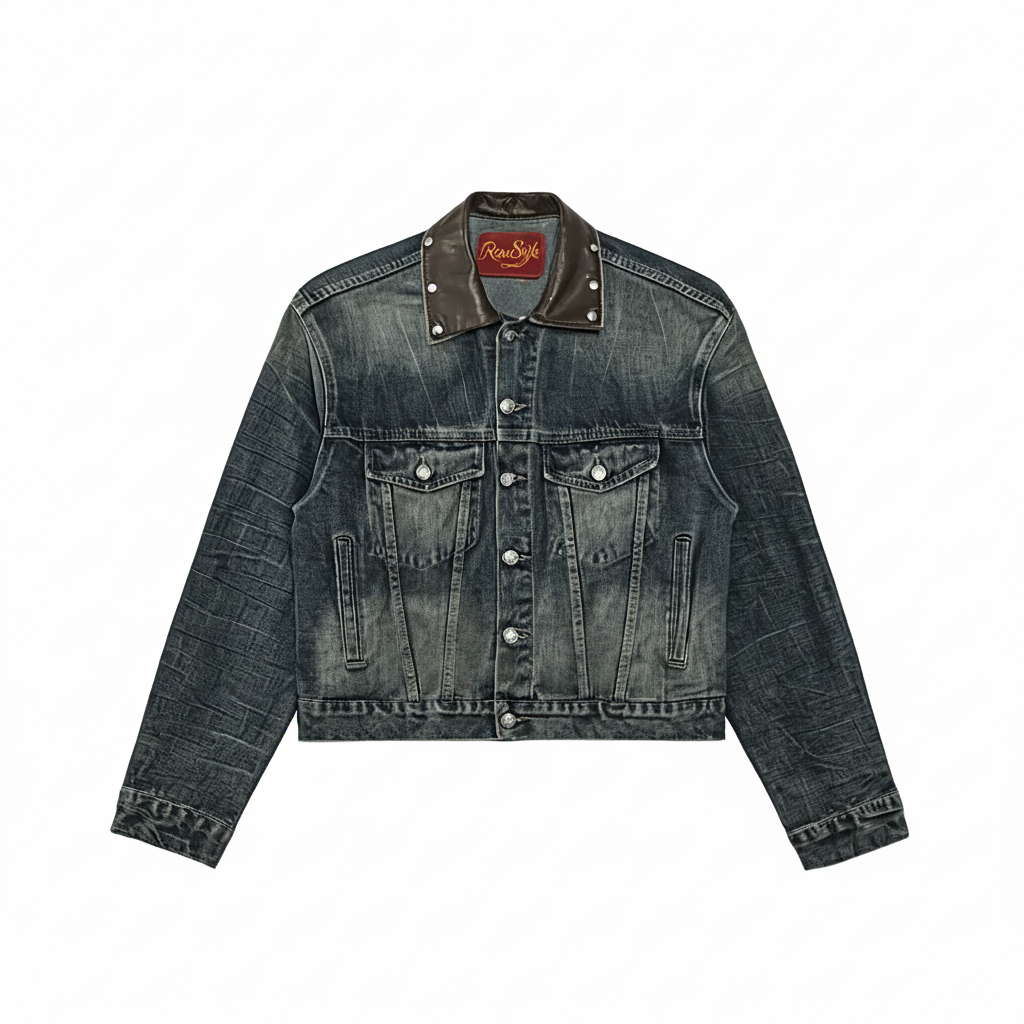 LEATHER COLLAR DENIM JACKET